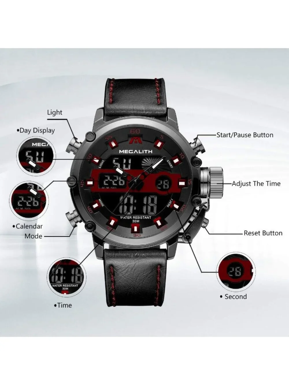 Men's Black And Red Analog Leather Strap Waterproof Multifunction Digital Watch